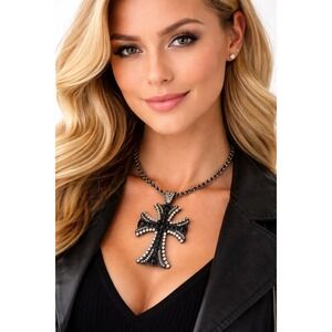 Gothic Oversized Black Rhinestone Cross Pendant Gunmetal Statement Necklace